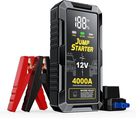 Car Battery Jump Starter with 4000A Peak Smart Clip LCD Display and 3 Modes by Fmooo