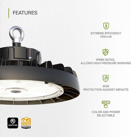 ASD LED High Bay UFO Light Fixture, Commercial Shop Lighting | 3CCT, IP69K - Image 3