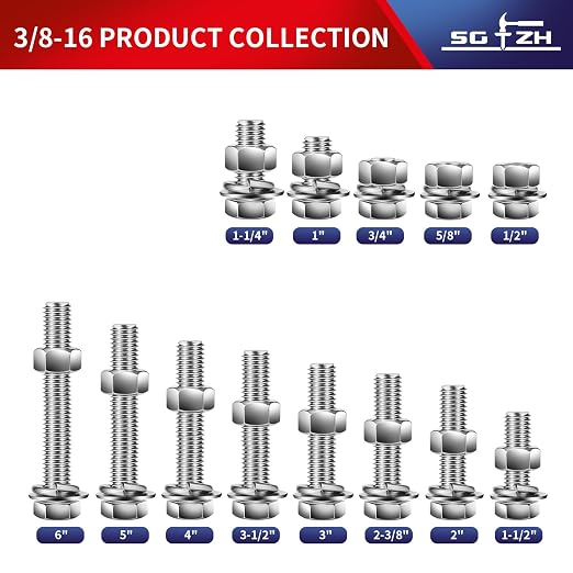 3/8-16 x 1/2" Hex Head Screw Bolt, Flat & Lock Washers, Fully Threaded - Image 3