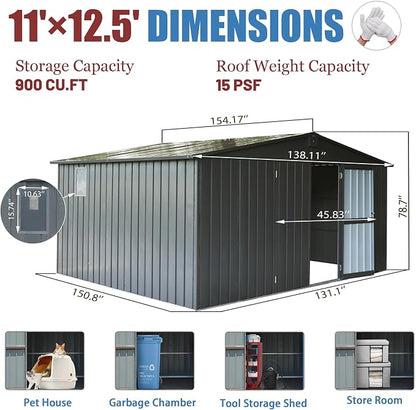 IKERY Extra Large Galvanized Steel Storage Shed 11' x 12.5' - Image 7