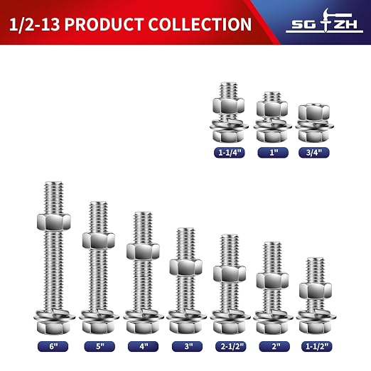 1/2-13 x 1" Hex Head Screw Bolt, Flat & Lock Washers, Fully Threaded, by SG TZH - Image 3