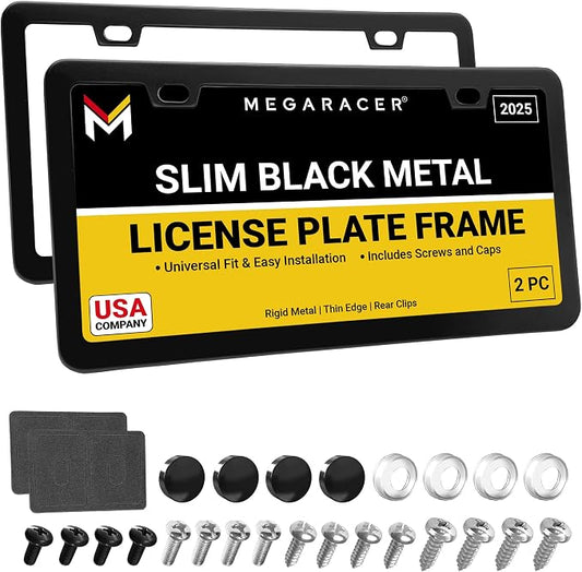 Premium Slim Matte Black License Plate Frames – 2 Pack, Rust-Free Stainless by MegaRacer