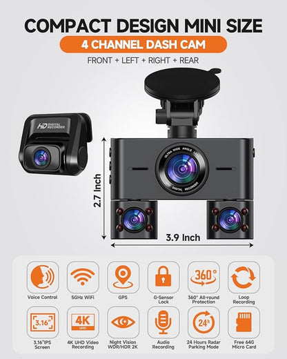 Dash Cam 360°, Dash Camera for Cars Front and Rear Inside, 4 Channel 4K/2K FHD - Image 2