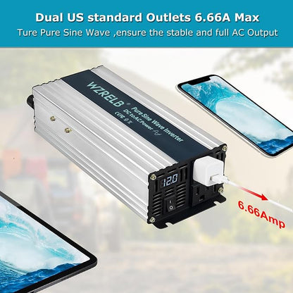 WZRELB 800W Pure Sine Wave Inverter 12V DC to 110V 120V AC Power Converter - Image 4