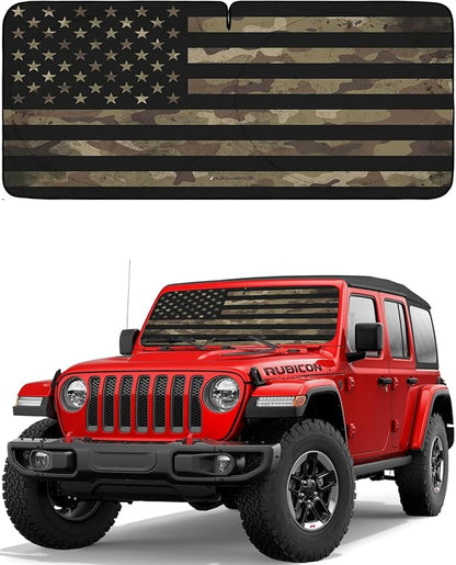 Autoamerics JeepWrangler Dark Camo Flag 1-Piece Windshield Sun Shade Foldable by AutoamericsUS