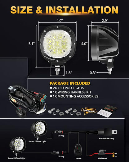 Auxbeam P4 Series Flood Beam LED Pods 4 Inch 90W Round Offroad Fog Lights - Image 5