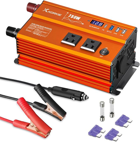 750W Pure Sine Wave Inverter, Car Power Inverter, 12V DC to 110V AC Power by KORKIE