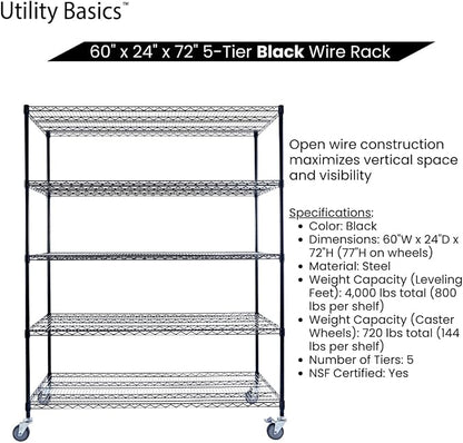 60"x24"x72" Black 5-Tier Premium Metal Wire Shelving NSF 4000 LBS MAX Capacity - Image 5