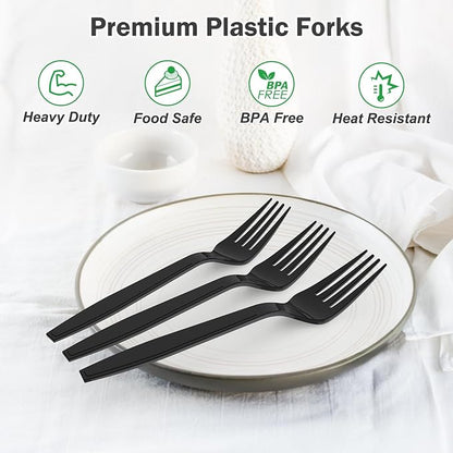 360 Count Extra Heavy Duty Black Plastic Forks Disposable, Heat Resistant - Image 4