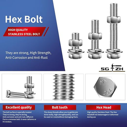 1/4-20 x 1-1/4" Hex Head Screw Bolt, Flat & Lock Washers, Fully Threaded - Image 4