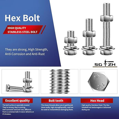 1/2-13 x 6" Hex Head Screw Bolt, Flat & Lock Washers, Fully Threaded, by SG TZH - Image 4