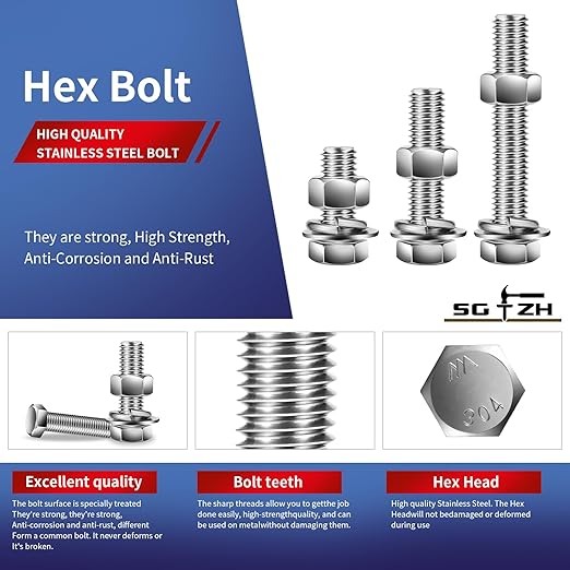3/8-16 x 1-1/4" Hex Head Screw Bolt, Flat & Lock Washers, Fully Threaded - Image 4