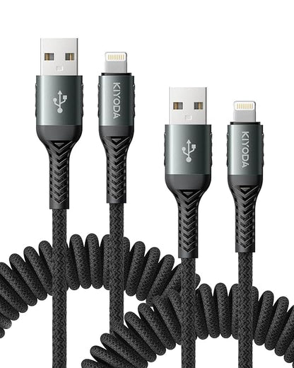 USB to Lightning Cable for Car 6FT, Coiled iPhone Charger Braided Lightning by KIYODA