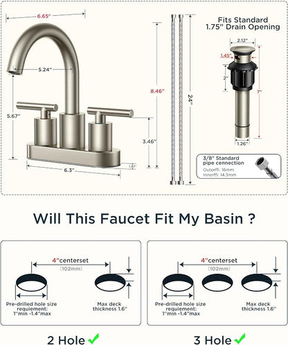 FORIOUS Brushed Nickel Bathroom Faucet 2 Hole, 4 Inch Centerset Bathroom Sink - Image 9