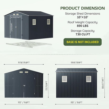 10x10 FT Outdoor Metal Storage Shed, Double Swing Doors, 2 Clear Windows - Image 2