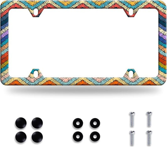 Boho License Plate Frame Colorful Stripe License Plate Stainless Steel Funny by GORSNKYE