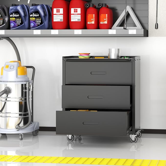 Metal Storage Cabinet with Wheels, Garage Storage Cabinet with 3 Drawers - Image 6