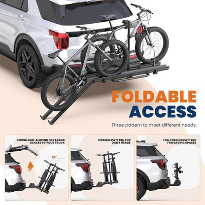 Aluminum 2 EBikes Rack Foldable 2'' Hitch Mounted Carrier Racks w/Ramps Over - Image 4