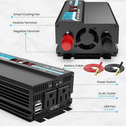 600W Power Inverter Pure Sine Wave Inverter 12V DC to 120V AC Converter - Image 7