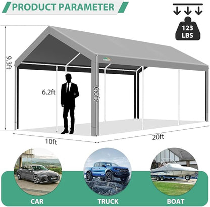 COBIZI Carport 10x20ft Heavy Duty Portable Garage, 2.0 Powder Coated Frame - Image 6
