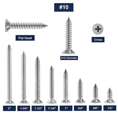 #10 x 3/4" Wood Screw 100Pcs 18-8 Stainless Steel Screws Flat Head Phillips - Image 3