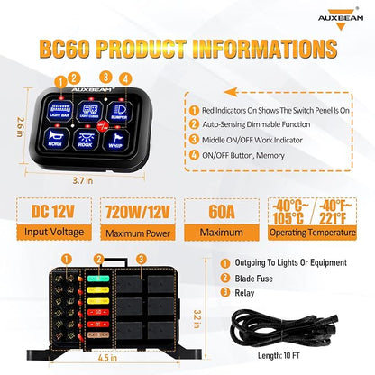 Auxbeam 6 Gang Switch Panel BC60, Universal Circuit Control Relay System Box - Image 2