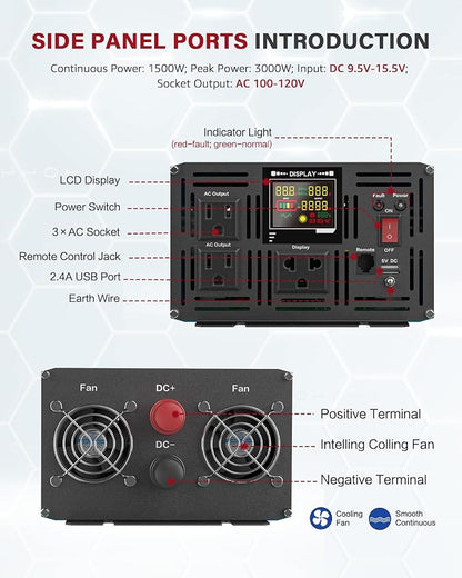 1500 Watt Inverter Pure Sine Wave DC 12V to 110V AC Power Inverters - Image 5