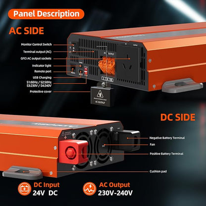 2080W Pure Sine Wave Inverter, 12V DC to 110V/120V AC, 6000W Peak, 5V/2.1A USB - Image 4