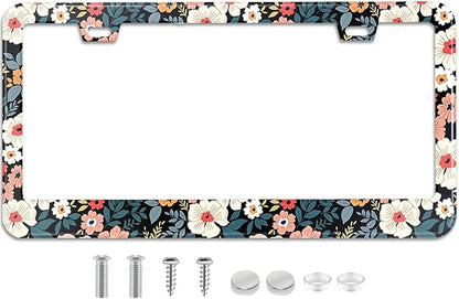 Folk Floral License Plate Frame Colorful Flowers Stainless Steel License Plate by TXWWXT