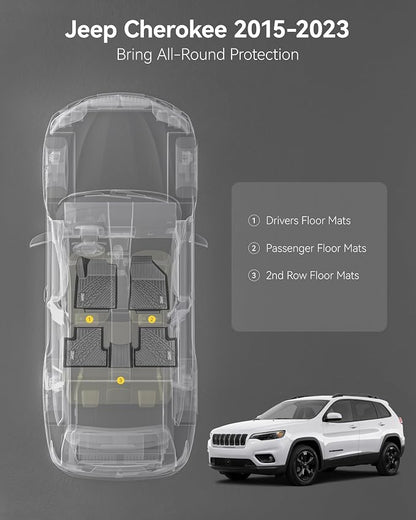 3W Floor Mats Fit for Jeep Cherokee 2015-2023 TPE Floor Liner 1st and 2nd Row - Image 2