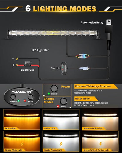 Auxbeam 50 Inch Curved LED Light Bar, 288W 6 Modes Amber White Strobe Fog Lights - Image 2