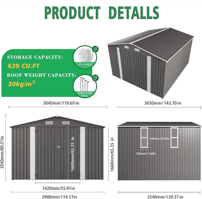 10 x 12 FT Large Outdoor Storage Shed w/ 2 Clear Window, Heavy Duty Metal - Image 3