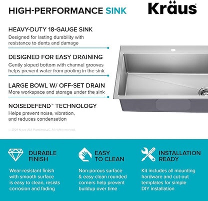 KRAUS Fairlane 33-inch Drop In/Top Mount Single Bowl 18-Gauge Stainless Steel - Image 5