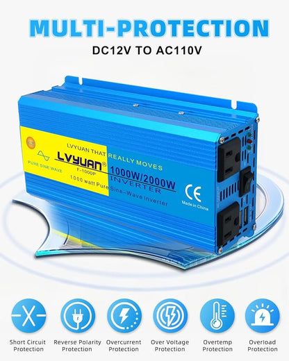 LVYUAN 1000 Watt Pure Sine Wave Inverter 12V to 110V 120V DC to AC - Image 3