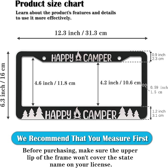License Plate Frames Black and White Metal License Plate Frame Happy Camper - Image 2