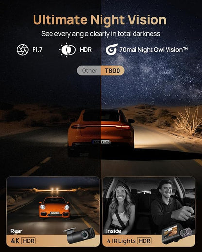 70mai 4K T800 3 Channel Dash Cam, Dash Cam Front and Rear Inside, STARVIS 2 - Image 3