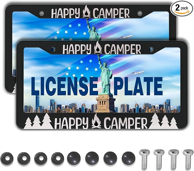 License Plate Frames Black and White Metal License Plate Frame Happy Camper by Unknown
