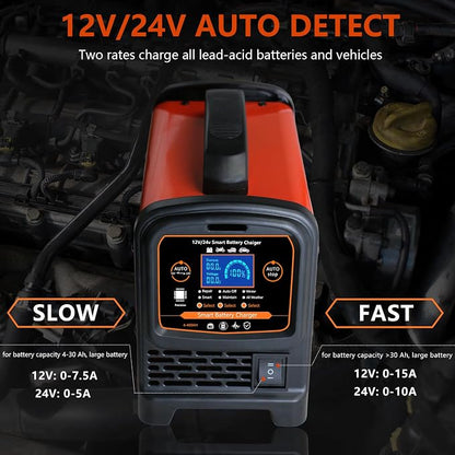 12V 24 Volt Car Battery Charger Heavy Duty, 0-15A Smart Automatic Battery - Image 2