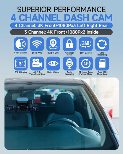Dash Cam 4 Channel Front and Rear Inside, 360° Car Camera 4K UHD, Dash Camera - Image 3