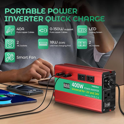 400W Power Inverter, DC 12V/24V to 110V AC Car Inverter - Image 3