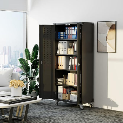 72" Metal Storage Cabinet with Wheels and Pegboard, Lockable Rolling Steel - Image 4