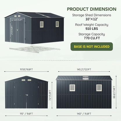 10x12 FT Outdoor Metal Storage Shed, Double Swing Doors, 2 Clear Windows - Image 2