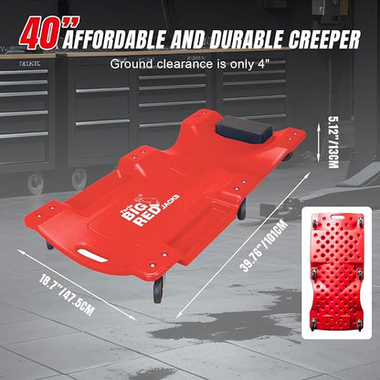 Big RED Plastic Rolling Garage/Shop Creeper: Dual Tool Trays and 6 Casters - Image 2