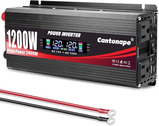 1200W/2400W Power Inverter DC 12V to 110V/120V AC Converter by Cantonape