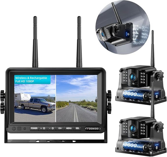 Fookoo HD Magnetic Wireless Backup Camera, 1080P 7" Dual Split Monitor & by FOOKOO