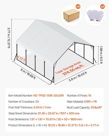 VEVOR Heavy Duty Metal Carport, 20 x 20 ft Outdoor Carport - Image 7