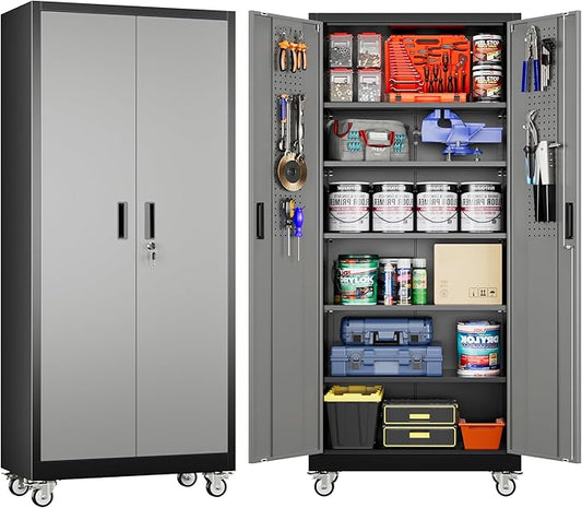 Garage Storage Cabinet with Pegboard and 5 Adjustable Shelves, Tool Storage by SUXXANFurniture
