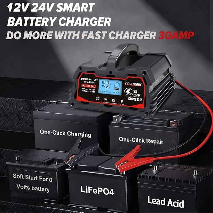 Battery Charger 30A, 12V/24V Lead Acid Smart Battery Charger, 12V LiFePO4 Car - Image 2