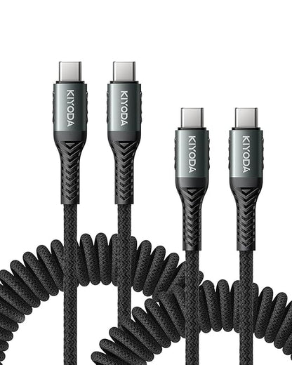 USB C Cable for Car 3FT/6FT, Coiled USB C to USB C Cable Fast Charging 66W by KIYODA