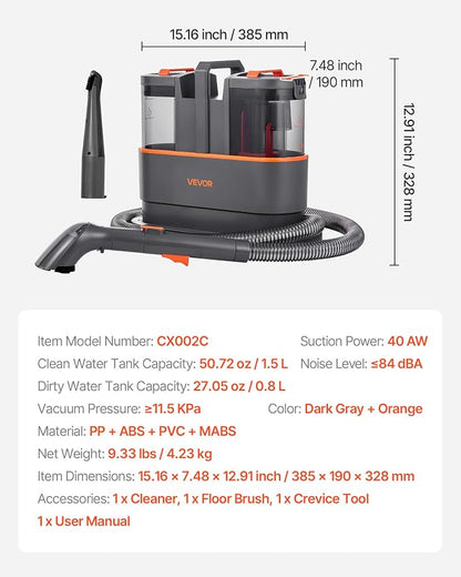 VEVOR Carpet Cleaner Machine, 50.72 oz Clean Water Tank & 27.05 oz Dirty Water - Image 7